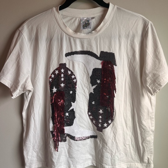 Queen of sparkles American cowboy boots sequin top crew neck size small - Picture 1 of 11
